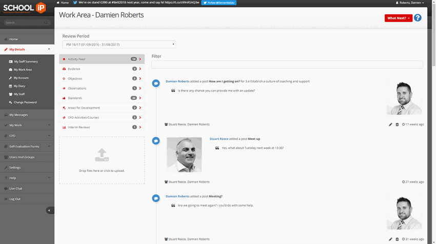 You can use the work area as an activity feed and a means of communication between colleagues. This is a great way to keep each other updated as it gives optional email notifications.